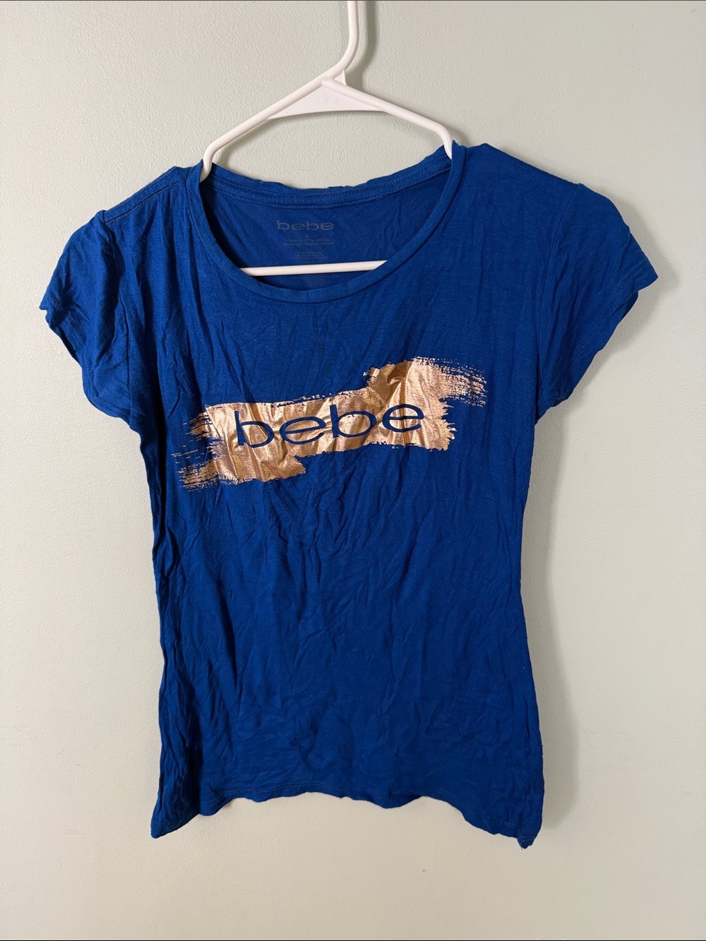 bebe Women’s Royal Blue Tee with Gold Logo Size Small